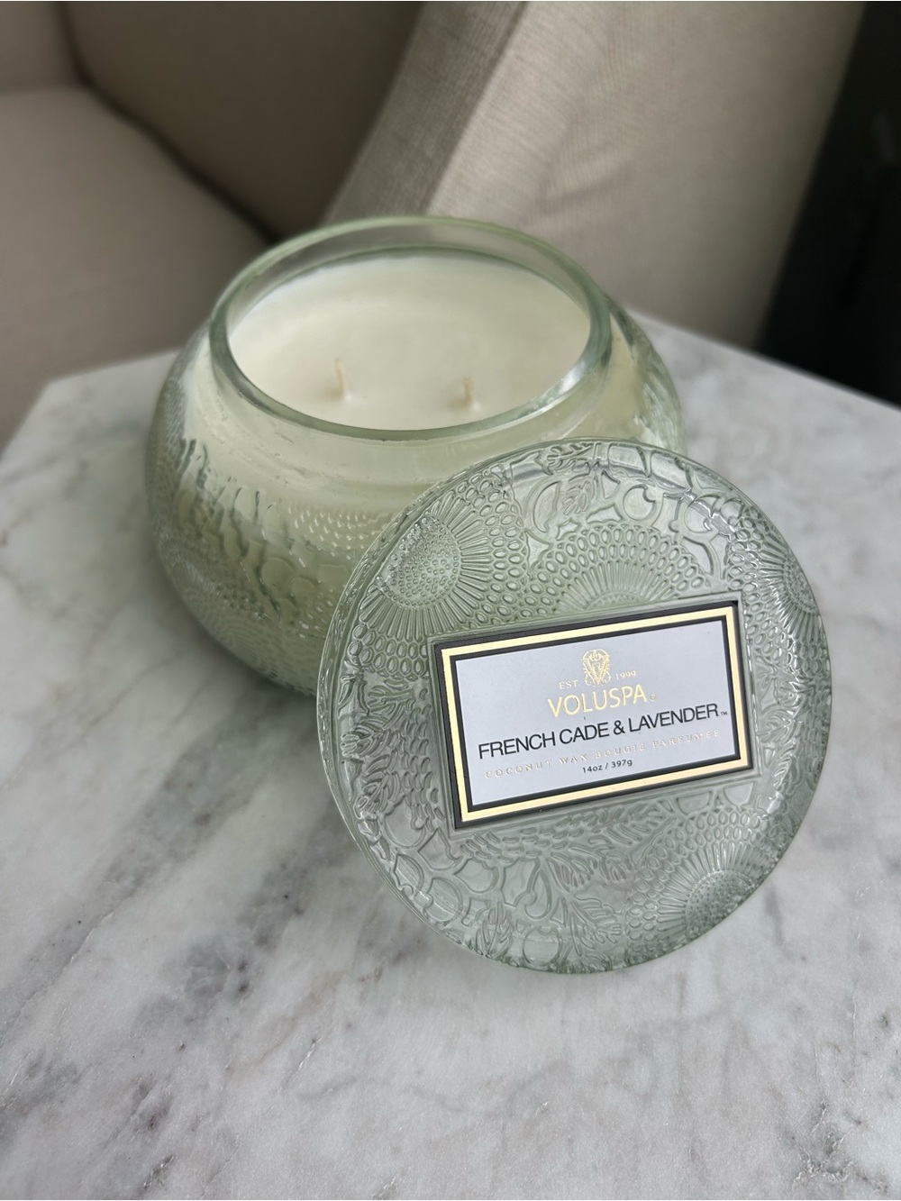 Voluspa Green Glass French Cade & Lavender 14oz Candle